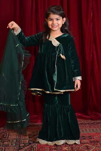 The Plum Bum Scallop Gota Lace Embellished Velvet Kurti Sharara Set 