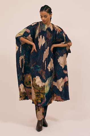 Amka Blue Abstract Printed Pleated Shirt & Pant Set 