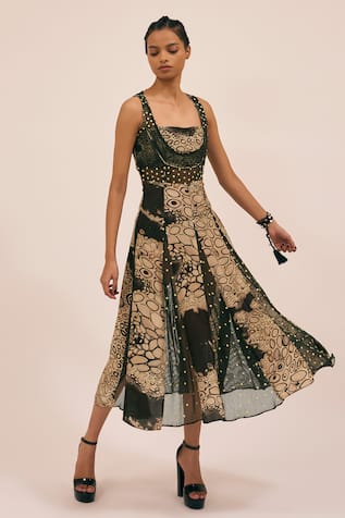 Amka Boneset Abstract Print Embroidered Midi Dress 