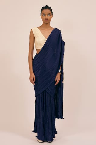 Amka Catnip Pleated Pre-Draped Saree with Blouse 