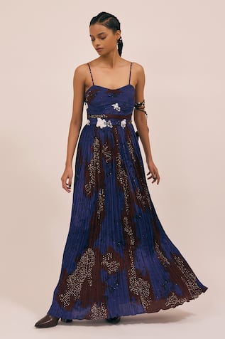 Amka May Mosaic Splatter Print Pleated Maxi Dress 