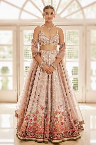 Cedar & Pine Floating Flowers Mirror Embroidered Bridal Lehenga Set 