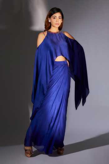 Masumi Mewawalla Blue Draped Skirt Set With Cape 