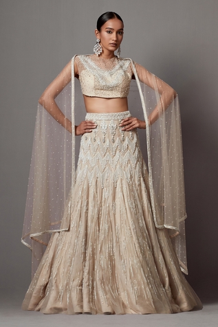 Mala and Kinnary Chevron Crystal Embellished Bridal Lehenga Set