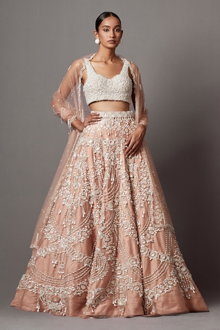 Mala and Kinnary Floral Scallop Stone Embellished Bridal Lehenga Set