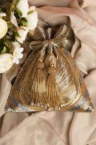 Nayaab By Sonia Hinted Pewter Gold Embroidered Potli Bag 