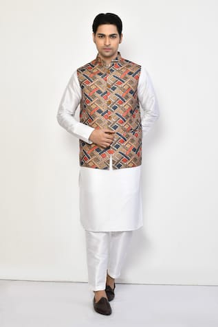 Arihant Rai Sinha Square Print Bundi & Kurta Set 