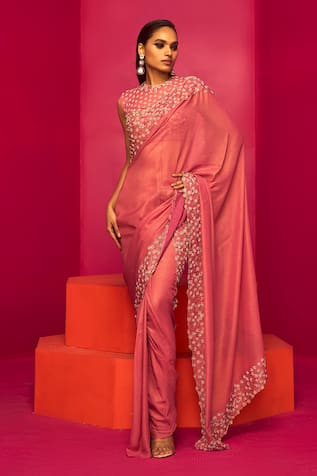 Krisha sunny Ramani Border Embroidered Pre-Draped Saree With Blouse 