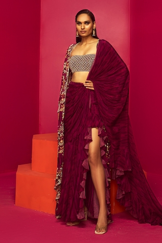 Krisha sunny Ramani Printed Pre-Draped Saree Set With Cape