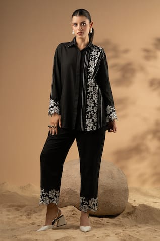 Seeaash Coal Floral Cutwork Shirt & Pant Co-ord Set 