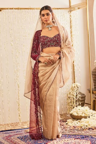 TABEER INDIA Scallop Bordered Pre-Draped Saree Set With Stole 