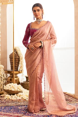 TABEER INDIA Border Embroidered Pre-Draped Saree Set With Stole 