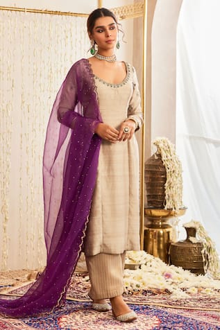 TABEER INDIA Raw Silk Embellished Kurta Palazzo Set 