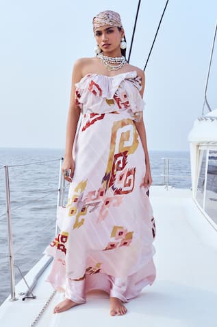 Nirmooha Patola Fleur Print Off Shoulder Maxi Dress 