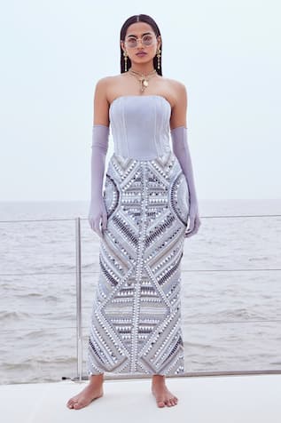 Nirmooha Aztec Mirror Embroidered Gown With Pair Of Gloves 