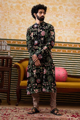 Soup by Sougat Paul Mehr Velvet Floral Blossom Print Kurta With Churidar 