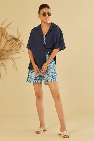 Sage Saga Schiffli Pattern Shirt With Shorts 