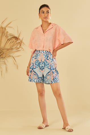 Sage Saga Pesca Floral Schiffli Pattern Shirt Shorts Set 