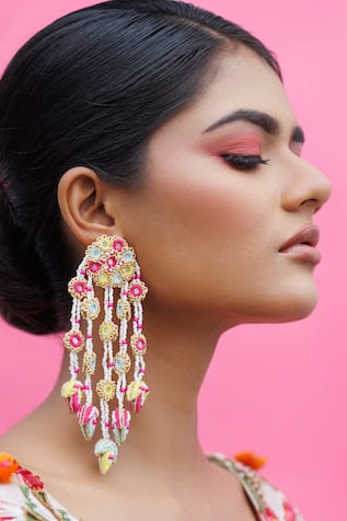Floral Leaf Dabka Embroidered Tassel Earrings 