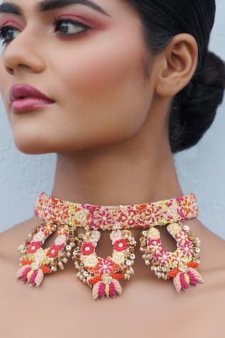 Padma Floral Dabka Embroidered Choker Necklace 