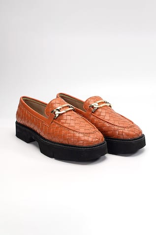 Textured Orange Genuine Leather Loafers 