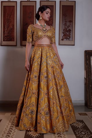 Irrau by Samir Mantri Raw Silk Floral Embroidered Lehenga Blouse Set 