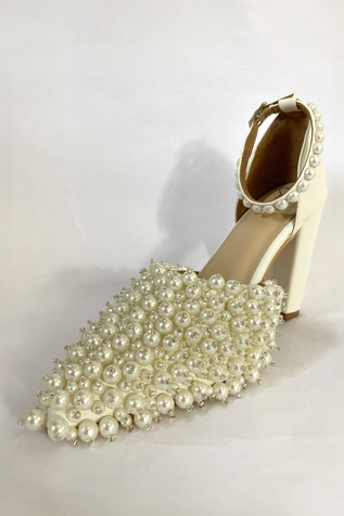 Buy White Embellished Pearl Strap Block Heels by Tiesta Online at Aza  Fashions.