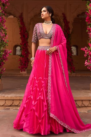 Reeti Arneja Geometric Pleated Lehenga Hand Embroidered Blouse Set 