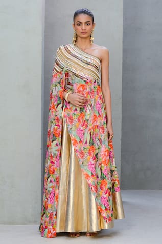 Rishi and Vibhuti Wildflower Wonders Floral Print One Shoulder Cape With Skirt 