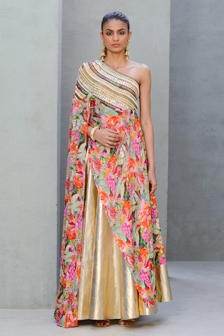 Buy RISHI & VIBHUTI Delilah Rose Gold Belt Saree with Stitched Blouse online