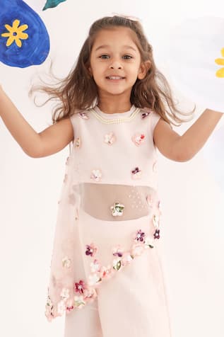 3D Bloom Applique Asymmetric Cape Flared Pant Set 