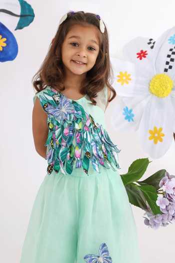 LA Dee DA 3D Tropical Leaves Applique Crop Top With Embellished Palazzo 