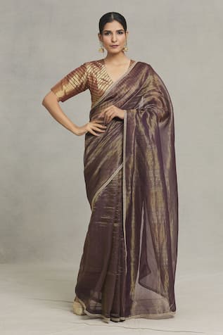 Pranay Baidya Thin Stripe Woven Tissue Saree 