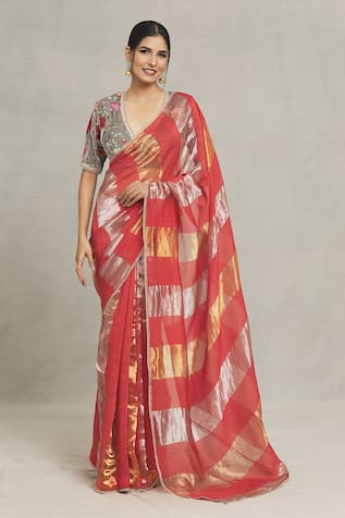 Pranay Baidya Chanderi Broad Stripe Woven Saree 