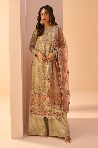 LASHKARAA Zari Thread Embroidered Kurta Palazzo Set 