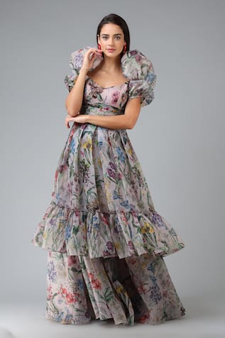 Geisha Designs Josephine Floral Print Layered Gown 