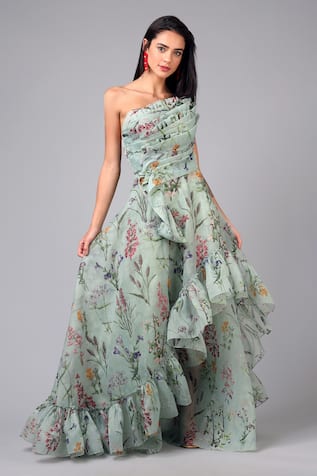 Geisha Designs Florence Print Draped Bodice Gown 