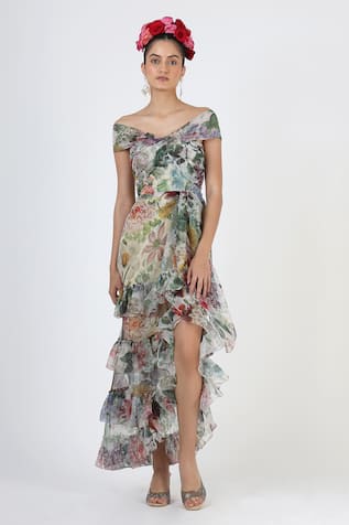 Geisha Designs Fleur Print Ruffled Gown 