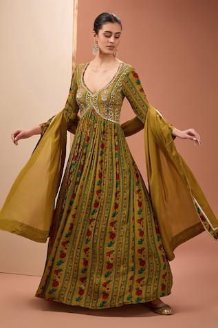 Neha Khullar Floral Print Backless Anarkali With Dupatta