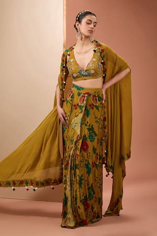 Neha Khullar Floral Print Draped Skirt Set With Cape 