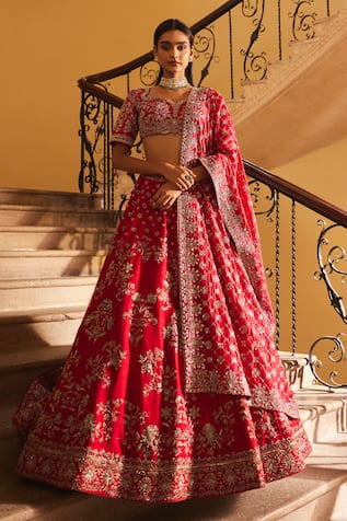 JAYANTI REDDY Raw Silk Floral Zardozi Embroidered Bridal Lehenga Set 