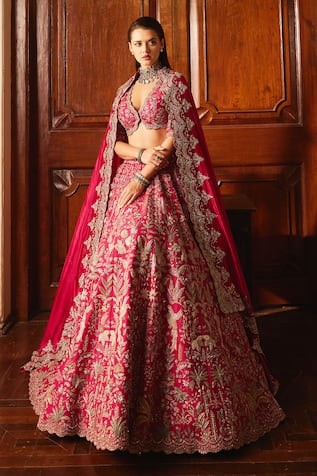 JAYANTI REDDY Raw Silk Floral Garden Zardozi Embroidered Bridal Lehenga Set 