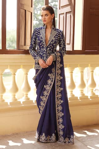 JAYANTI REDDY Zardozi Embroidered Floral Saree With Jacket Blouse 