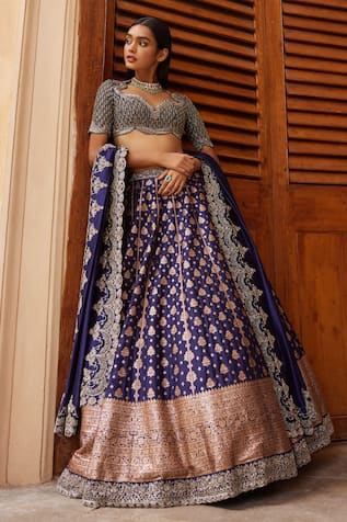 JAYANTI REDDY Banaras Silk Floral Zardozi Embroidered Bridal Lehenga Set 