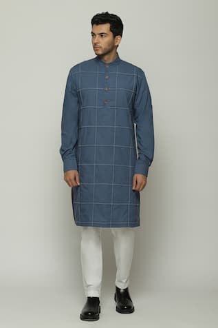 Abraham & Thakore Pleated Check Long Band Collar Kurta 