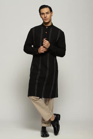 Abraham & Thakore Spaced Out Stitch Stripe Handloom Cotton Kurta 