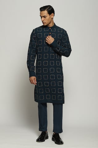 Abraham & Thakore Tussar Check Embroidered Handloom Cotton Kurta 