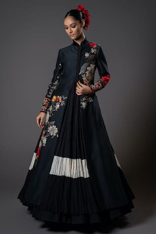 Rohit Bal Musk Rose Print Front Open Longline Jacket 