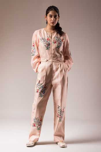 Prama By Pratima Pandey Silk Chanderi Floral Embroidered Jumpsuit 