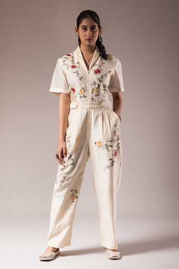 Prama By Pratima Pandey Silk Chanderi Floral & Dabka Embroidered Jumpsuit 
